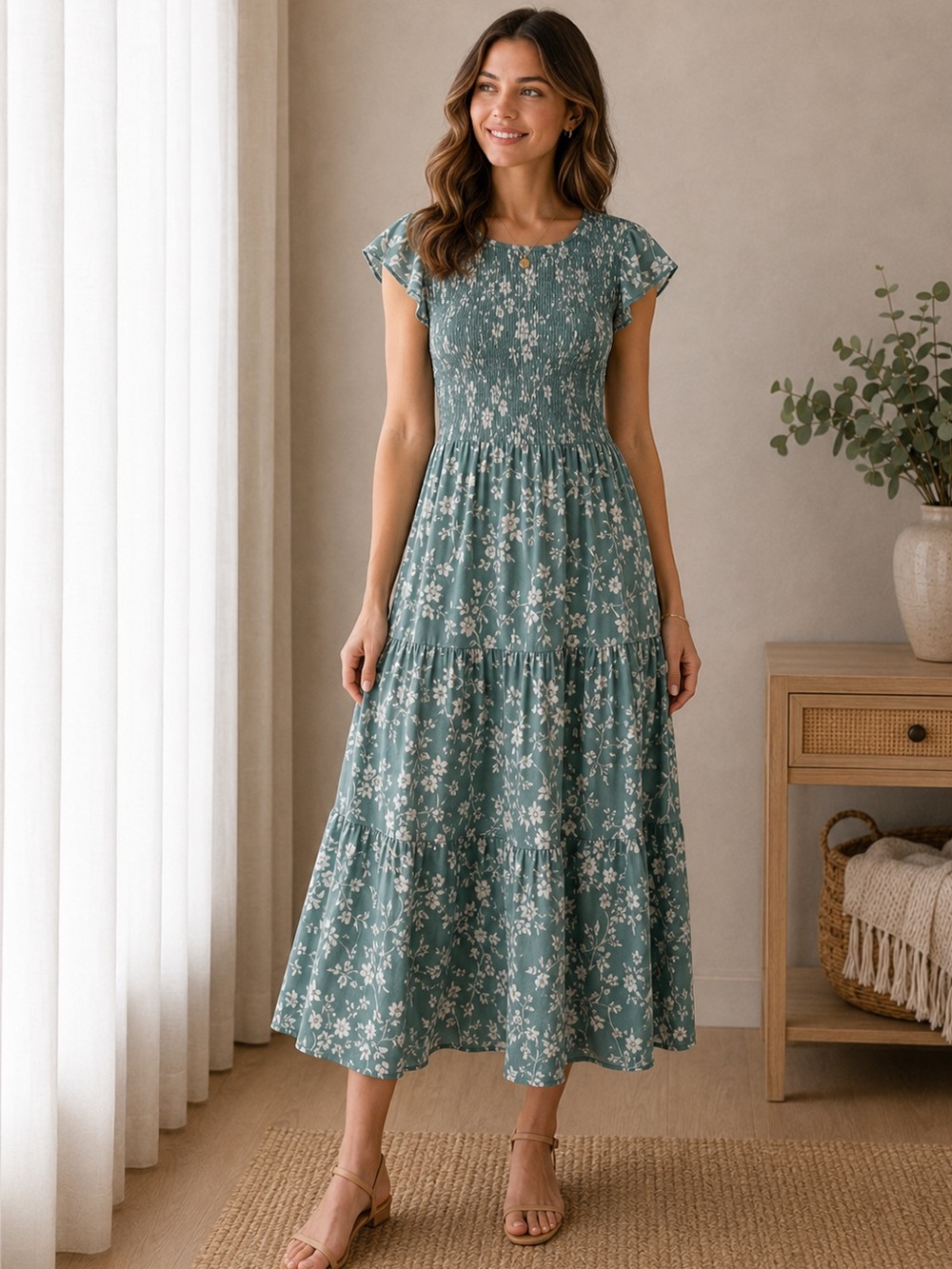 Sweet Wanderer Floral Smocked Midi Dress | Sage Green Ditsy Floral | Size Small - Picture 1 of 5